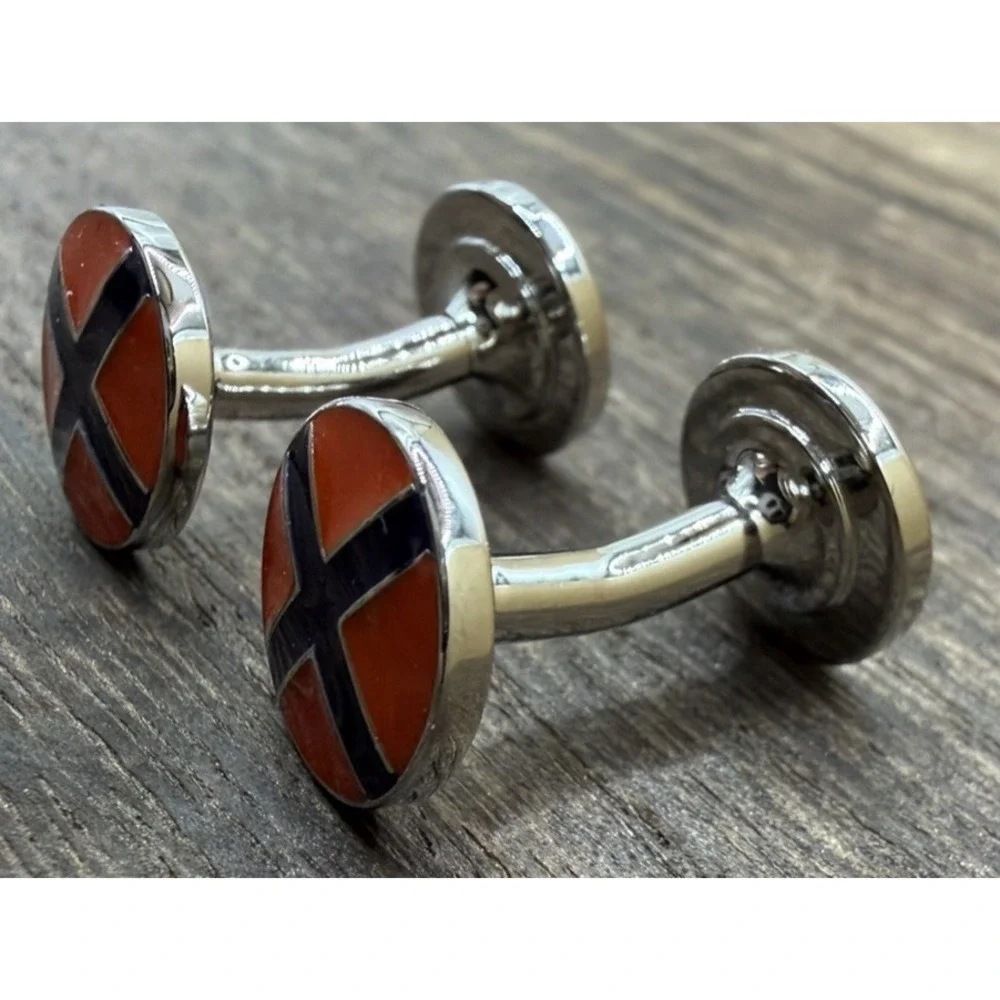 Vintage Sarar Circular Bold Orange Black Cross Silver Toned Cufflinks - W/Case